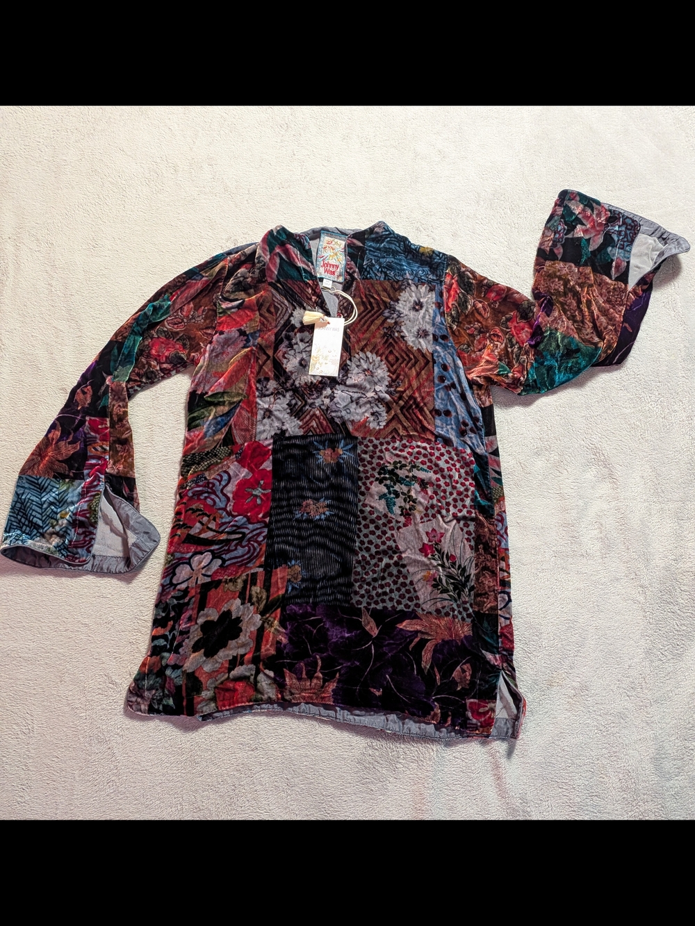 Johnny Was Multicolor Patchwork Velvet Tunic - Red, Green, Blue, Purple